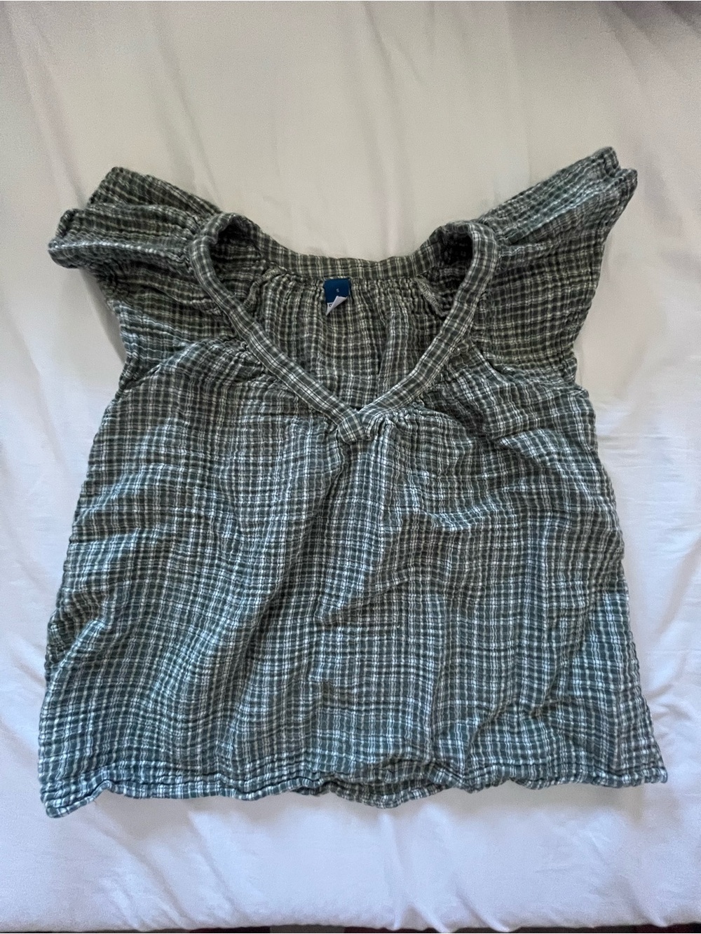 Old Navy Green Plaid V-Neck Flutter Sleeve Top